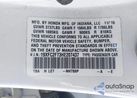 2017 Honda Civic Ex from USA, damaged, VIN 19XFC2F73HE207437